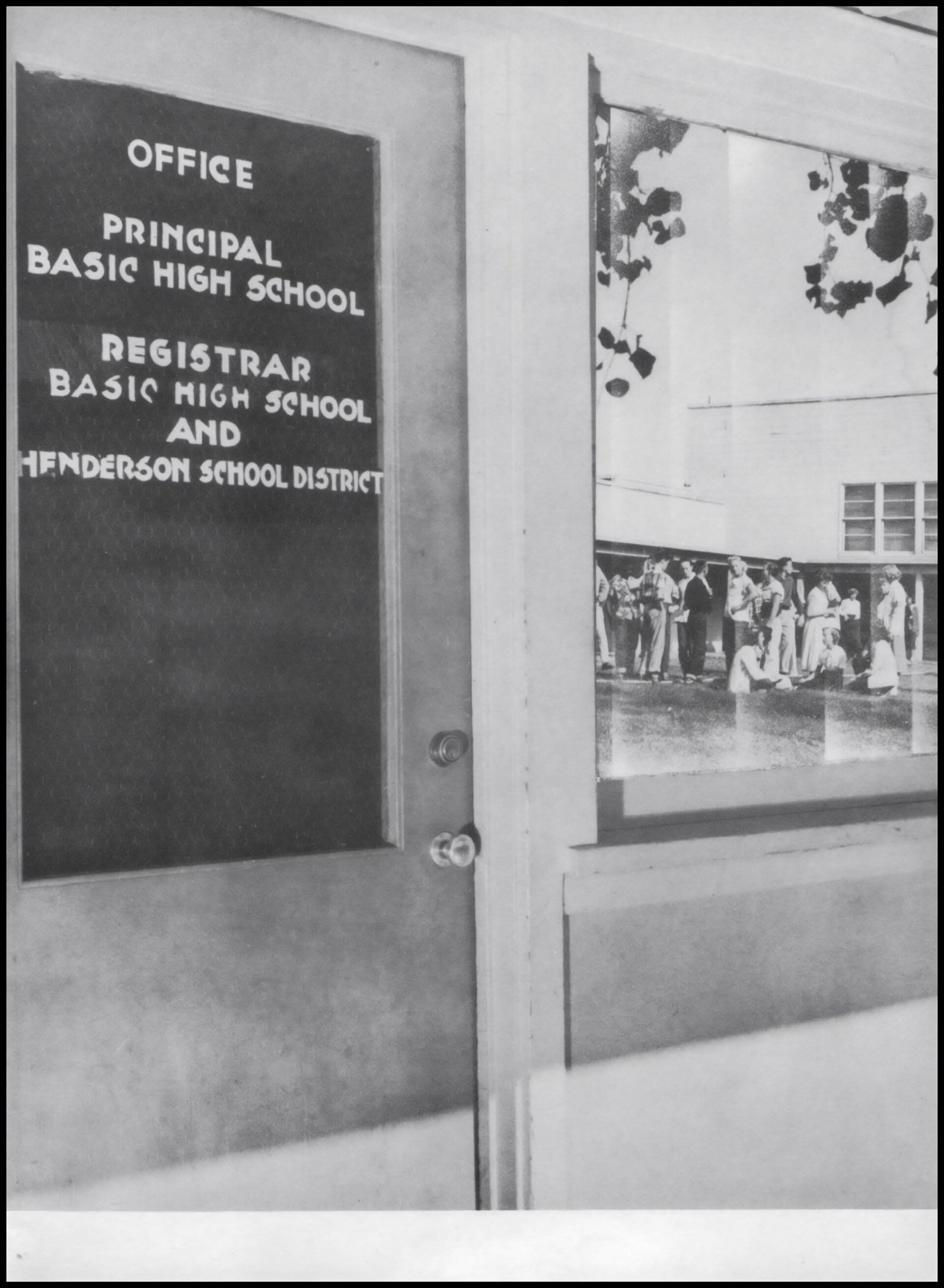 A 1951 photograph of a school registrar\u2019s office door