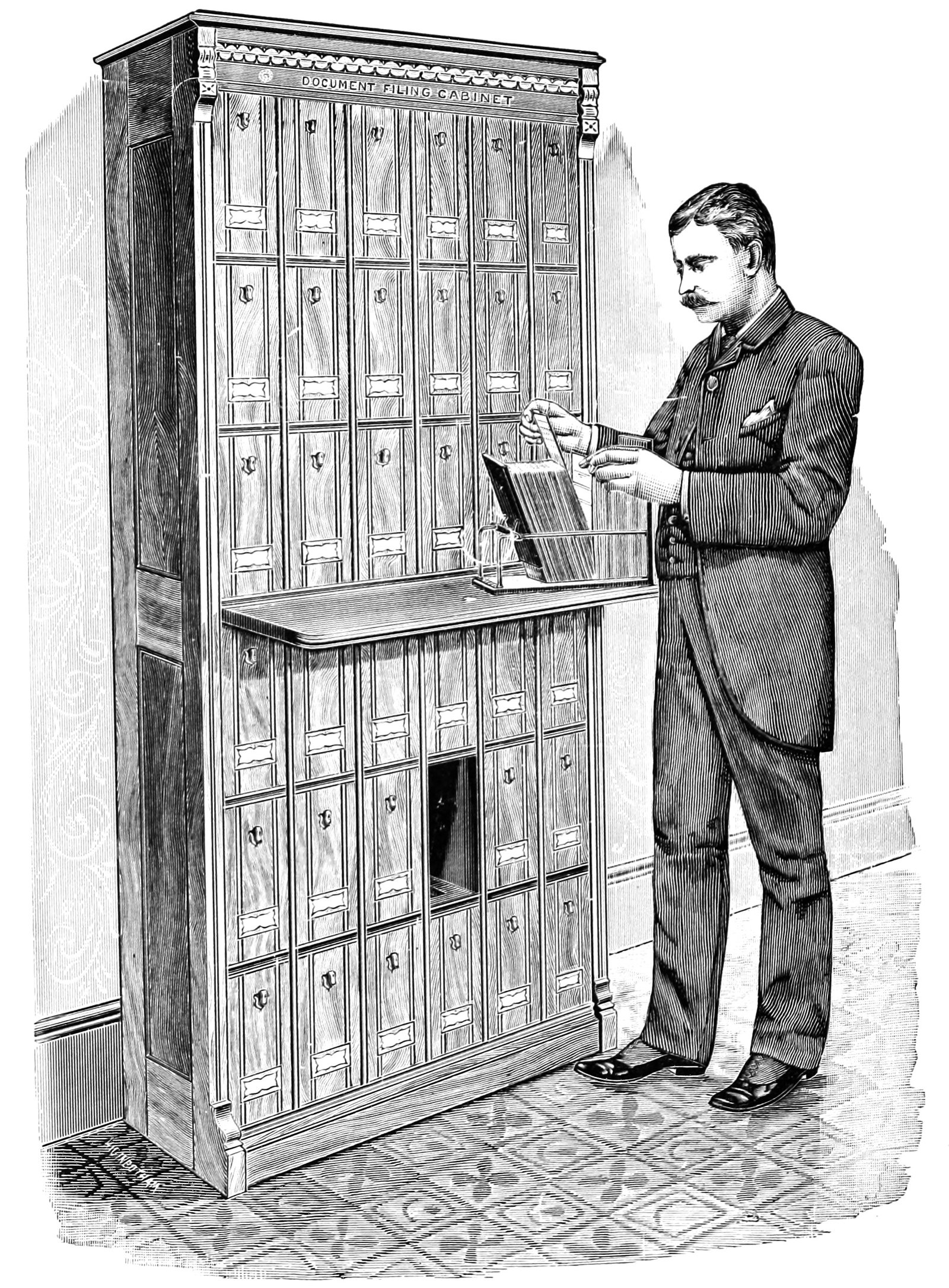 An 1892 engraving of a document filing cabinet in use
